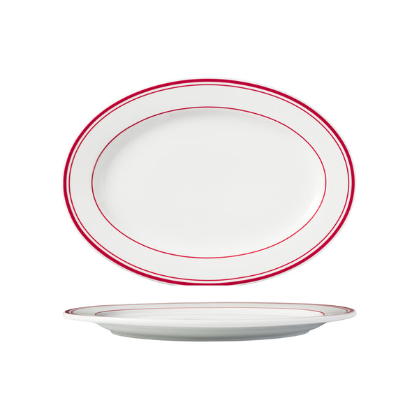 HAG.WBI0115 Maxwell & Williams Bistro Red Rim Oval Plate Wide Rim 350x250mm Globe Importers Adelaide Hospitality Supplies