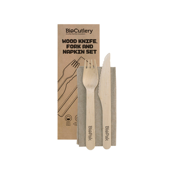BP.HY-16KFN-COATED BioPak Coated FSC™ Wooden Fork, Knife & Napkin Set 160mm Globe Importers Adelaide Hospitality Supplies