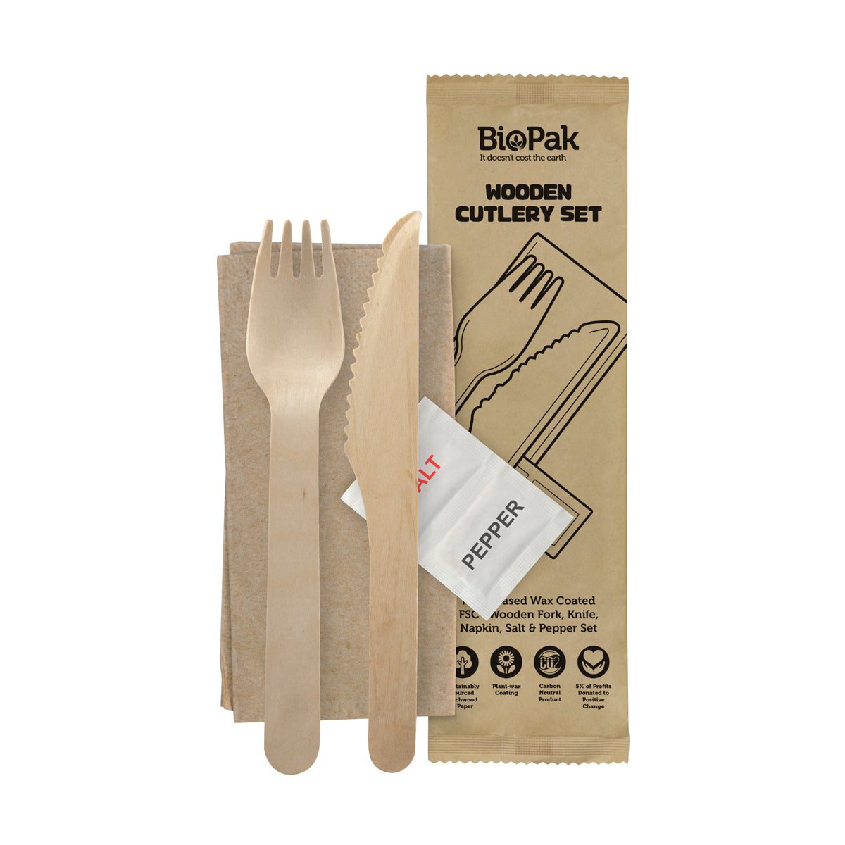 BP.HY-16KFNSP-COATED BioPak Coated FSC Wooden Fork, Knife, Napkin, Salt & Pepper Set 160mm Globe Importers Adelaide Hospitality Supplies