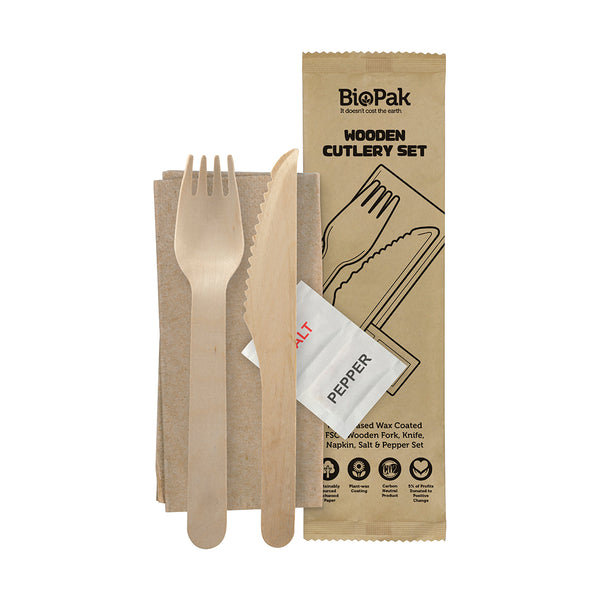 BP.HY-16KFNSP BioPak FSC Wooden Fork, Knife, Napkin, Salt & Pepper Set 160mm Globe Importers Adelaide Hospitality Supplies