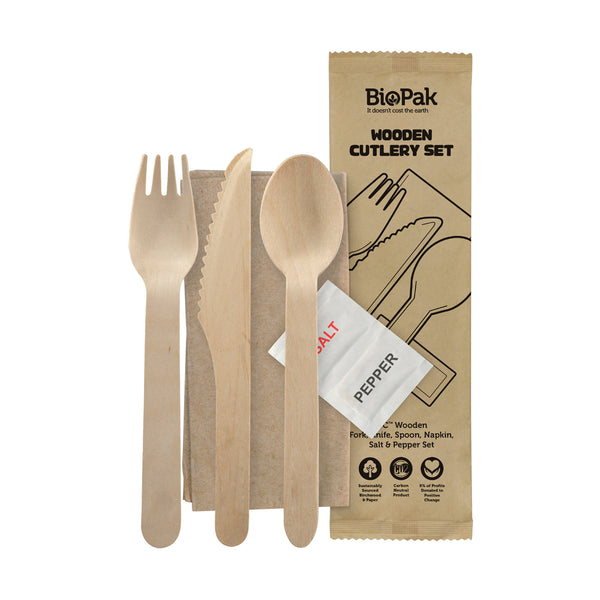 BP.HY-16KFSNSP BioPak FSC Wooden Fork, Knife, Spoon, Napkin, Salt & Pepper Set 160mm Globe Importers Adelaide Hospitality Supplies