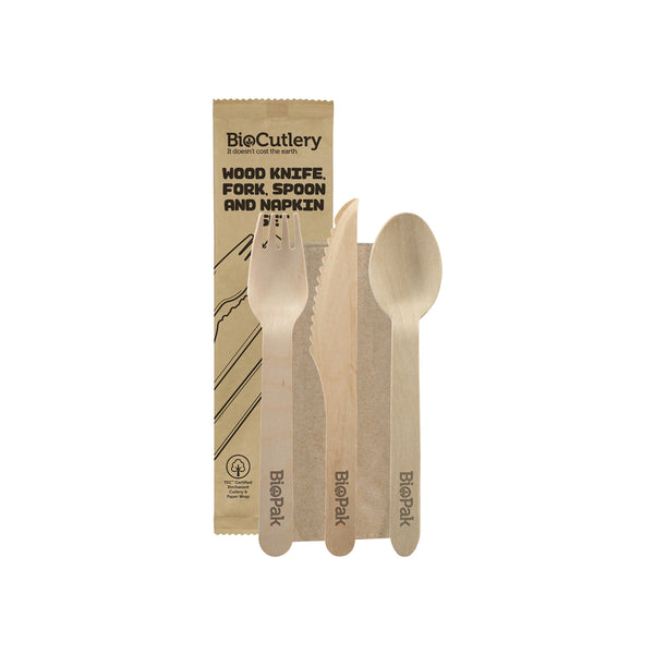 BP.HY-16KFSN BioPak FSC™ Wooden Fork, Knife, Spoon & Napkin Set 160mm Globe Importers Adelaide Hospitality Supplies