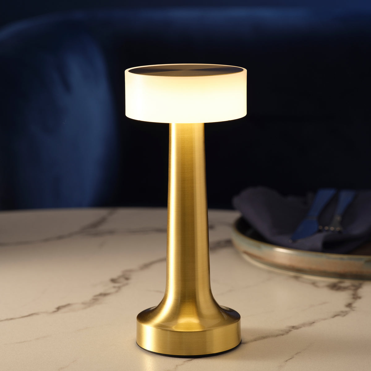 1000130 Tablekraft Ambience Aura Cordless LED Table Lamp Brushed Brass 90x205mm Globe Importers Adelaide Hospitality Supplies