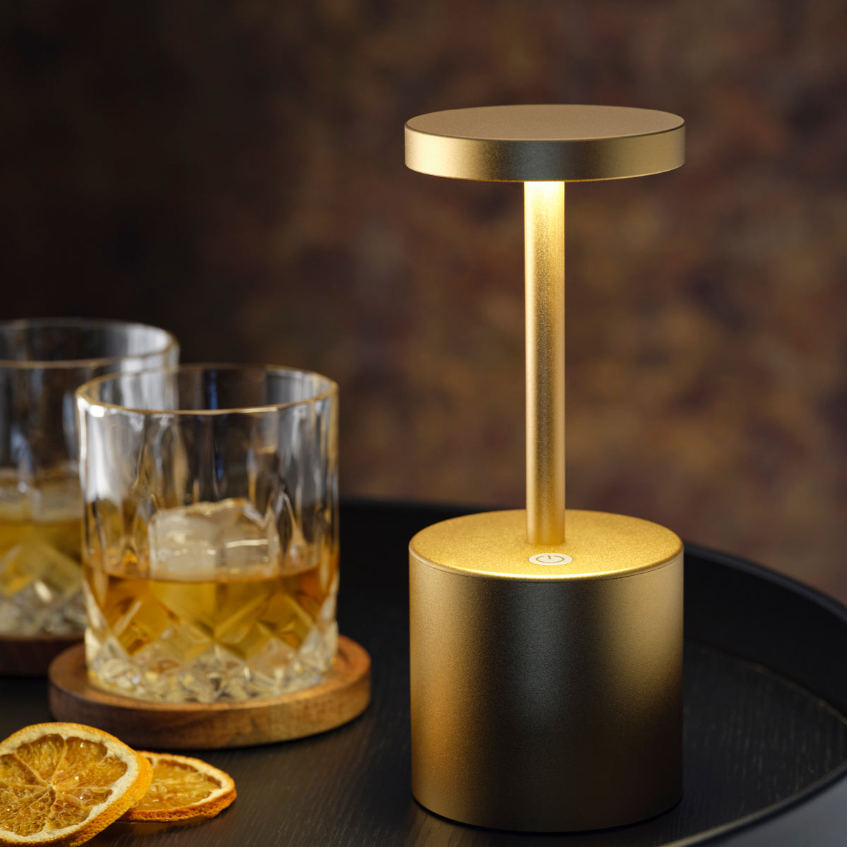 1000140 Tablekraft Ambience Charlotte Cordless LED Table Lamp Brushed Brass 80x200mm Globe Importers Adelaide Hospitality Supplies