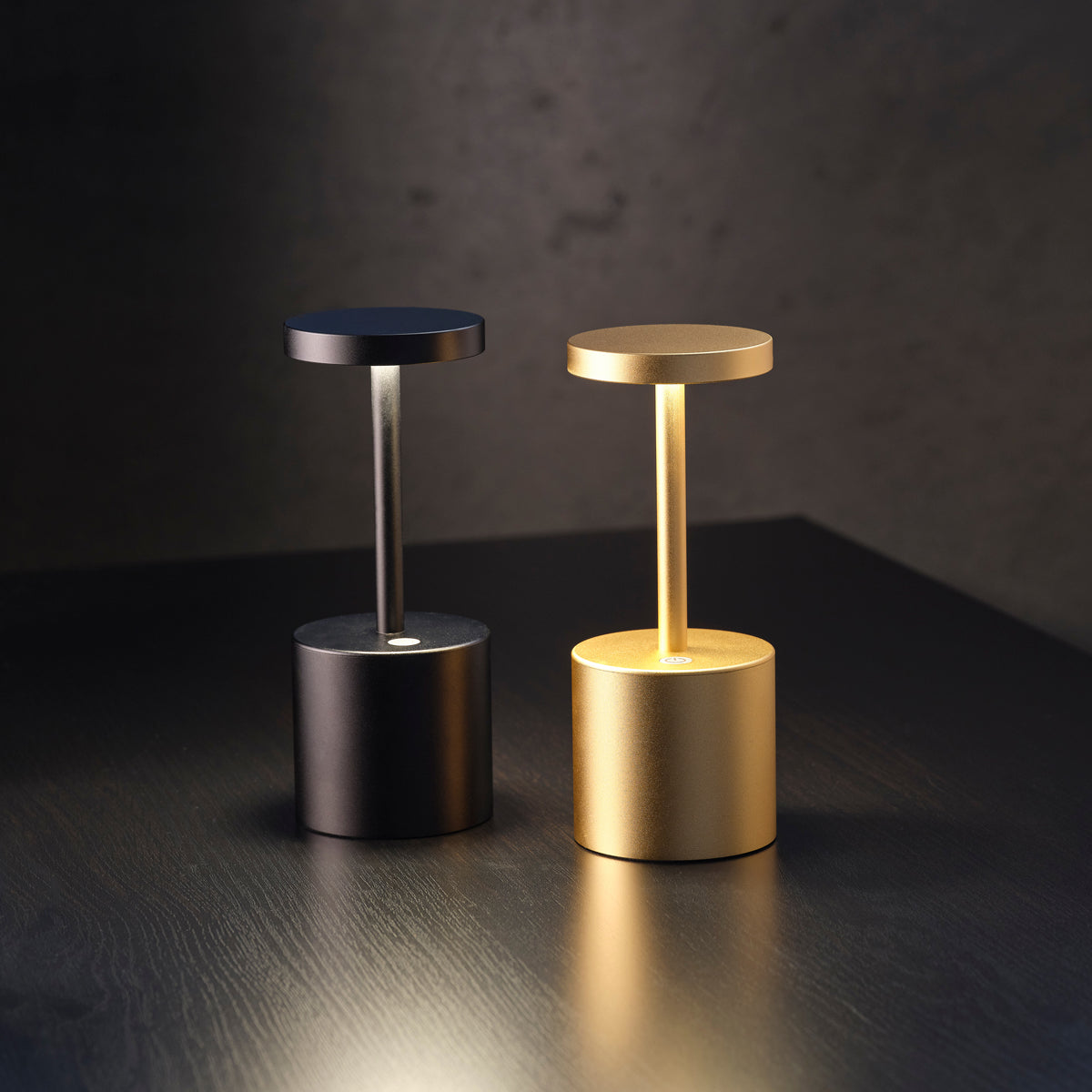 1000140 Tablekraft Ambience Charlotte Cordless LED Table Lamp Brushed Brass 80x200mm Globe Importers Adelaide Hospitality Supplies