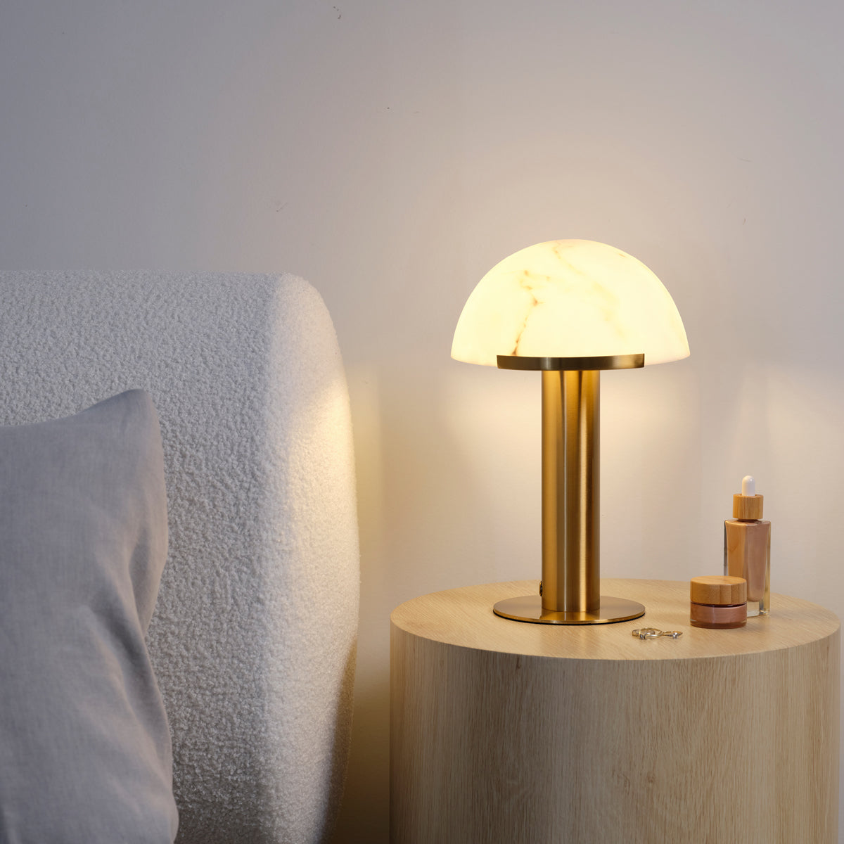 1000210 Tablekraft Phoebe Cordless LED Table Lamp Brass with Alabaster Shade 300x420mm Globe Importers Adelaide Hospitality Supplies